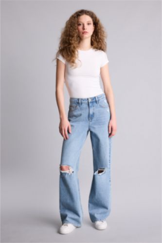 Kadın Mavi Yüksek Bel Geniş Paça Uzun Jean Pantolon