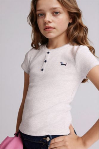 Kız Çocuk - Genç Kız Optik Gri Melanj Desenli Fitilli Kaşkorse Tişört Kız Çocuk