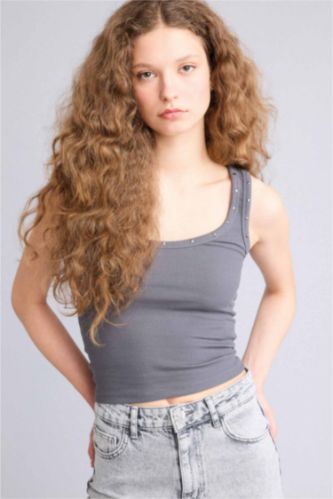 Woman Anthracite Slim Fit Camisole U Collar Tank Top