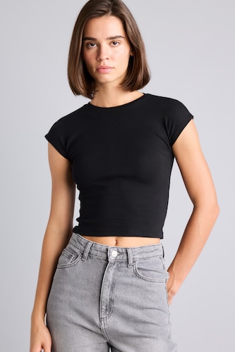 Women Black Slim Fit Ribana Short Sleeve T-Shirt