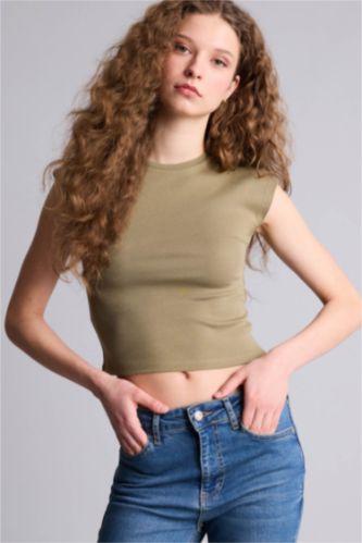 Kadın Açık Haki Fıtted Ribana Tişört