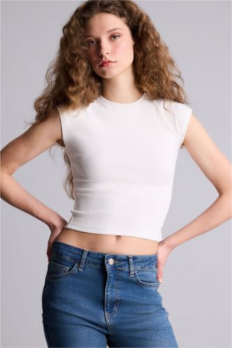 Kadın Kırık Beyaz Fitted Ribana Tişört