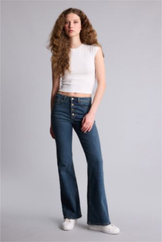 WOMAN Dark Blue Mia Flare Fit Regular Waist Wide Leg Jeans