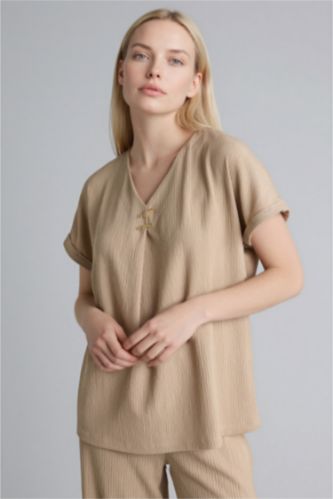 Woman Light Beige تيشيرت منسوج قصة عادية