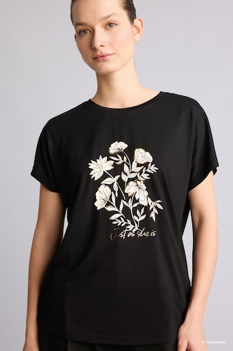 WOMAN Black Crew Neck Flower Short Sleeve T-Shirt