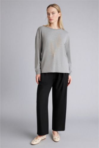 حريمي ميلانج أنثرا تيشيرت كم طويل قصة مريحة وياقة مستديرة