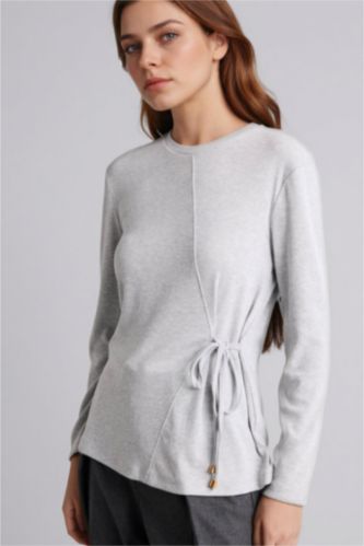 Kadın Gri Melanj Relax Fıt Bağlamalı Tişört