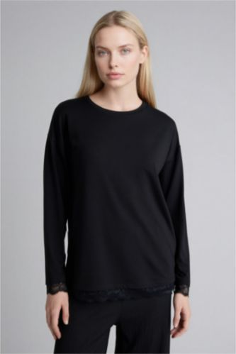 Женщины Черный Футболка Relax Fit с круглым вырезом и длинным рукавом