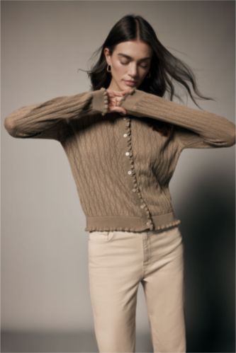 حريمي فيزون داكن كارديجان دانتيل قصة عادية برقبة مستديرة