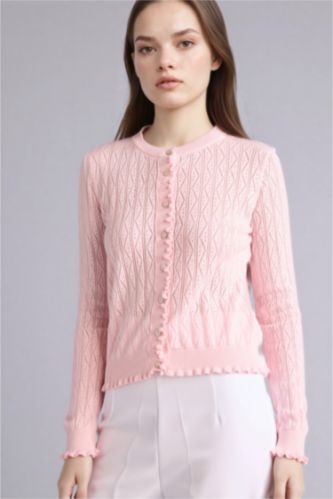 Woman Pink Regular Fit Crew Neck Cardigan