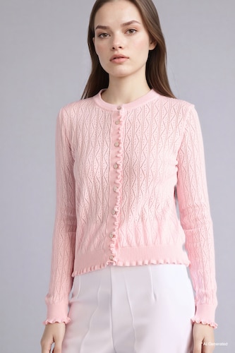 Woman Pink 100% Cotton Regular Fit Lace Cardigan