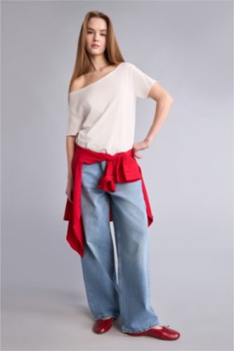 Kadın Mavi Barrel Fit Normal Bel Pantolon