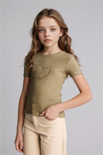 Girls & Teens Light Khaki Girl Crew Neck Ribbed Short Sleeve T-Shirt