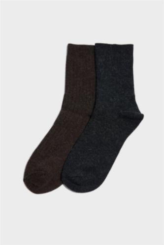 Kadın Kahve 2'li Yün Uzun Çorap