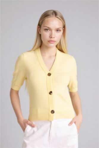 WOMAN Light Yellow Regular Fit V-Neck Cardigan