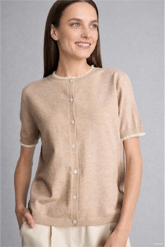 FEMME Beige Clair Gilet basique en maille texturée à col rond boutonné Coupe régulière