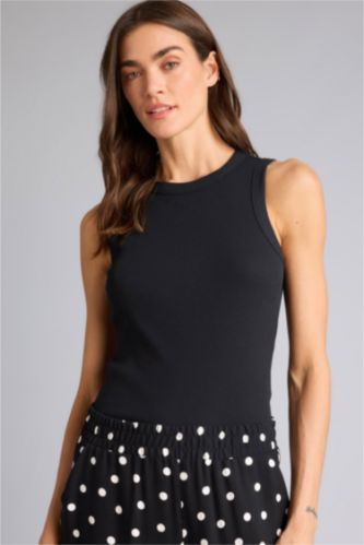 Женщины Черный Базовая однотонная майка кашкорсе Slim Fit в рубчик с круглым вырезом