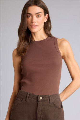 Женщины Коричневый Майка приталенного кроя с круглым вырезом базовый из камзола для женщин