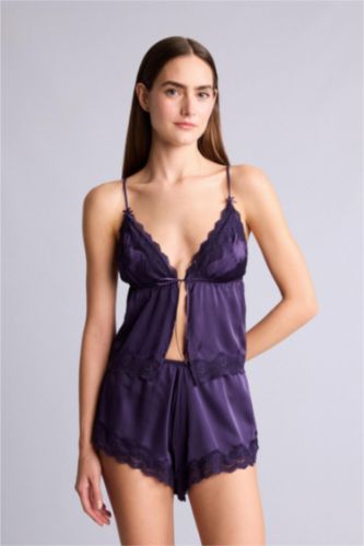 Kadın Mor Dantelli Şort Pijama Altı