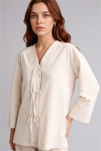 حريمي بيج فاتح كيمونو منسوج قصة عادية بياقة V