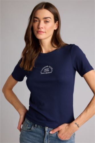 Kadın Lacivert Slım Fıt Nakışlı Fitilli Kaşkorse Tişört