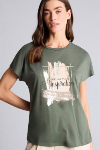 Woman Dark Khaki تيشيرت قصة مريحة