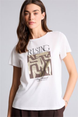 Kadın Ekru Regular Fıt Baskılı Tişört