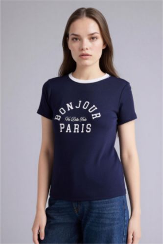 Woman NAVY تيشيرت نص ردن قصة عادية وياخة مستديرة