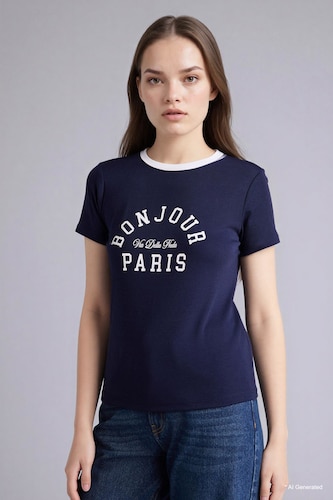 Women NAVY Regular Fit Ribana Short Sleeve T-Shirt