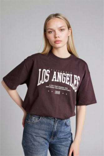 Женщины Коричневый Футболка оверсайз с круглым вырезом принтом и коротким рукавом