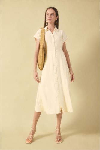 Women Sand Regular Fit Shirt Collar Linen Blended Batwing Dress
