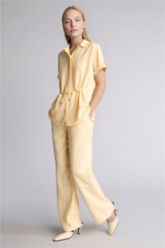 Kadın Açık Sarı Straıght Wıde Geniş Paça Keten Karışımlı Pantolon