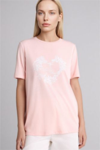 Әйелдерге Ашық Қызғылт Футболка Regular Fit с круглым вырезом цветочным принтом и коротким рукавом