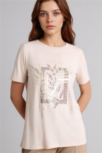 Kadın Taş Regular Fıt Bisiklet Yaka Hayvan Desenli Kısa Kollu Tişört