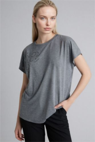 Woman Anthracite Melange تيشيرت نص ردن بطبعة أحجار وياخة مستديرة