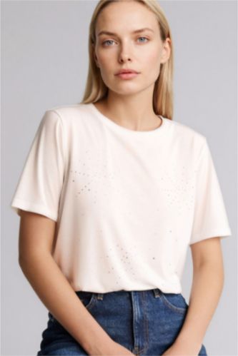 Kadın Ekru Regular Fıt Bisiklet Yaka Kısa Kollu Tişört