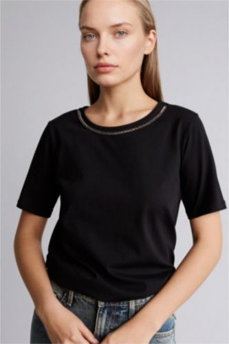 Kadın Siyah Bisiklet Yaka Penye Kısa Kollu Tişört