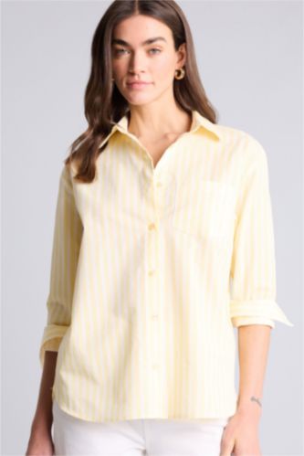 Kadın Açık Sarı Oversıze Gömlek Yaka Çizgili Poplin Uzun Kollu Gömlek