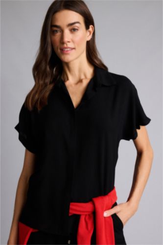 Kadın Siyah Regular Fıt Gömlek Yaka Kısa Kollu Gömlek