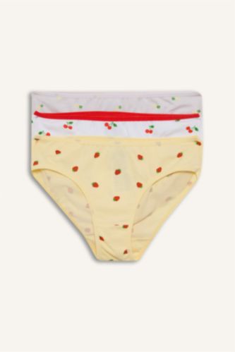 Kız Çocuk - Genç Kız Beyaz Meyve Desenli Penye 3'lü Slip Külot Kız Çocuk