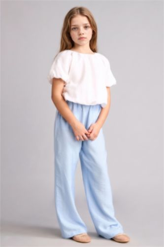 Kız Çocuk - Genç Kız Açık Mavi Straight Fit Kırışık dokulu Pantolon Kız Çocuk