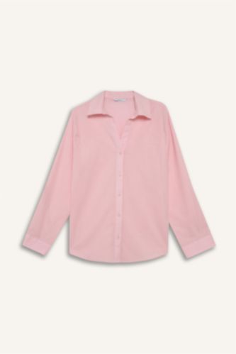 Kadın Açık Pembe Regular Fıt Gömlek Yaka Uzun Kollu Gömlek