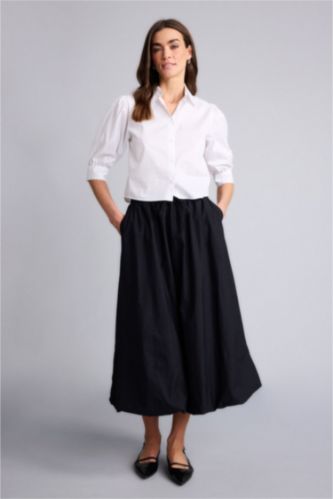 Kadın Siyah Balloon Fıt Normal Bel Poplin Midi Etek