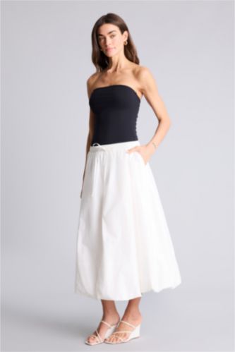 Kadın Kırık Beyaz Balloon Fıt Normal Bel Poplin Midi Etek
