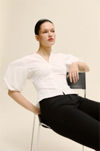 نساء أبيض قميص نص كم بوبلين سليم فيت مخصر