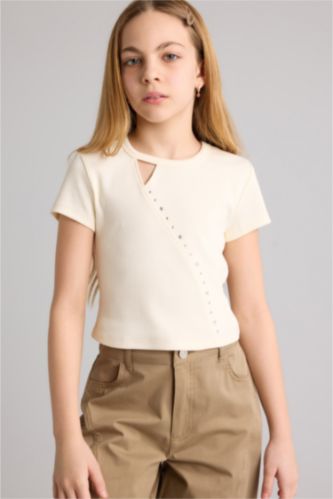 Kız Çocuk - Genç Kız Ekru Fitilli Kaşkorse Tişört Kız Çocuk