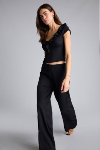 Kadın Siyah Wıde Leg Bürümcük Pantolon