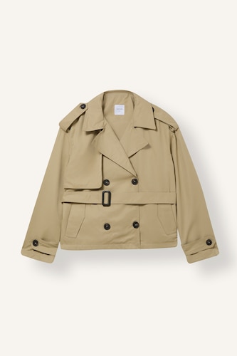 Regular Fit Water-Repellent Belt Double-Breasted Cropped Twill Trench Coat