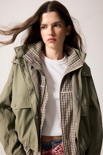 Women Khaki Waterproof Regular Fit Hooded Faux Leather Raincoat