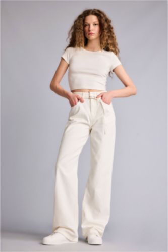Kadın Beyaz Straıght Wıde Yüksek Bel Uzun Jean Pantolon